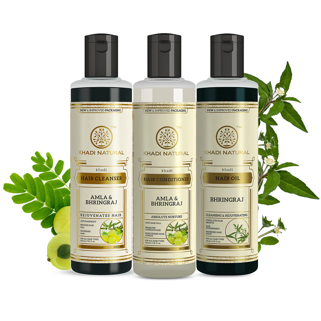 Khadi Natural  Amla & Bhringraj Hair Care Cleanser, Conditioner & Oil – SLS & Paraben Free Combo Pack of 3 - 210ml Each - Image 7